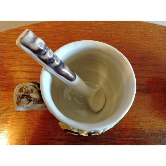 2 Sunflower Coffee Tea Cups Mugs Spoons Handmade Glazed Pottery Studio Crafted - Picture 5 of 11